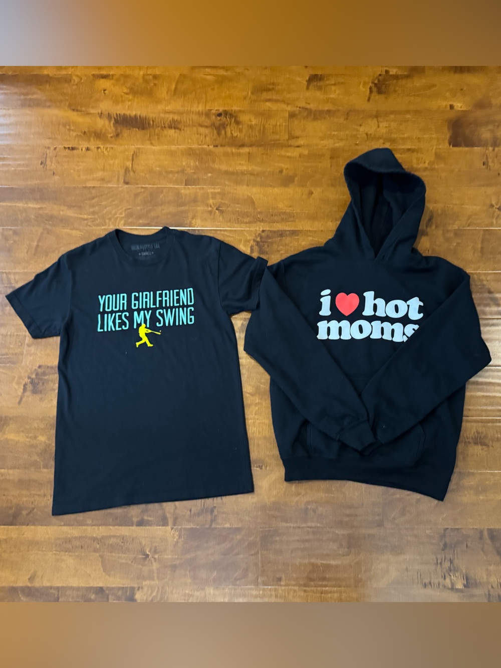 Small I ❤️Hot Moms hoodie & Your Girlfriend Likes My Swing t-shirt